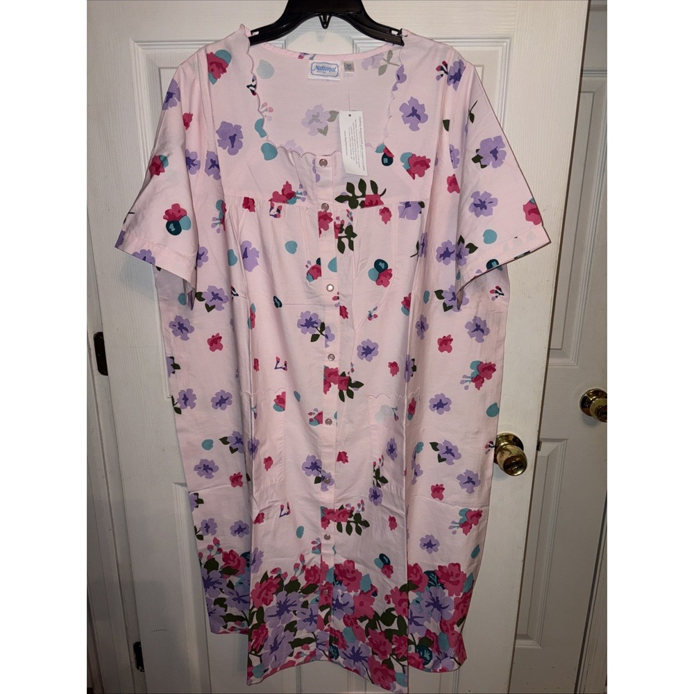 NWT National 3X Pink Floral Pearl Snap House Patio Dress Trad Scalloped Cotton